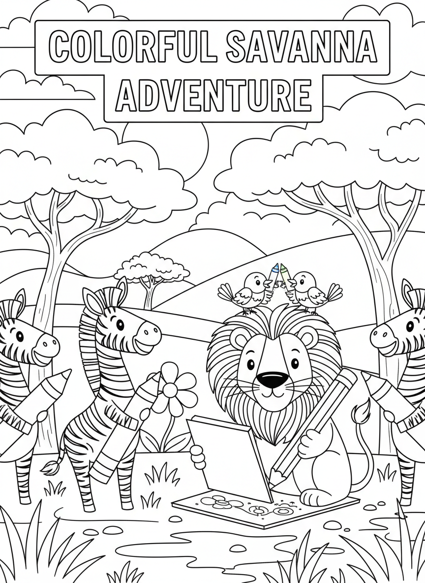 Cheerful animals coloring book cover, full-color whimsical illustration with cartoon zebras, lions, and birds in a savanna scene. Title-safe area at top.