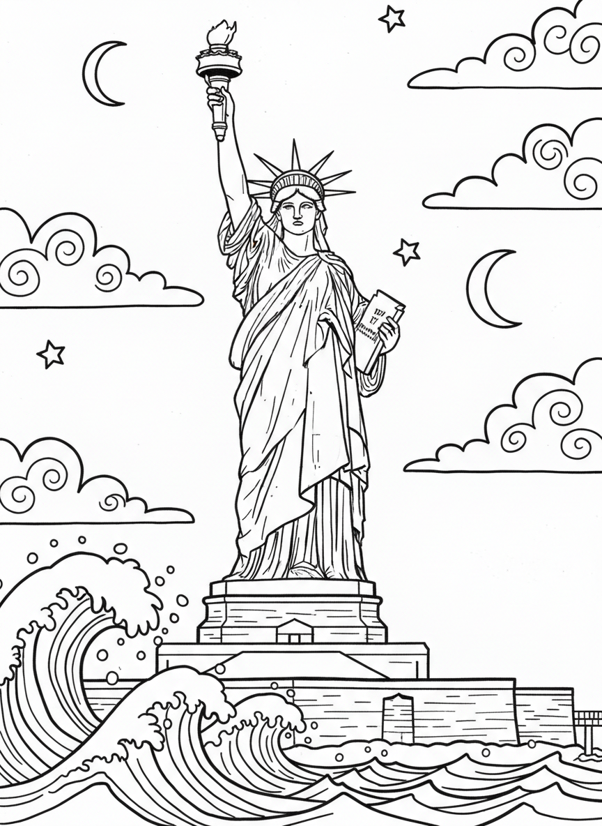 The Statue of Liberty holding her torch high, with waves at the base and a simple sky behind her, bold outlines for easy coloring.