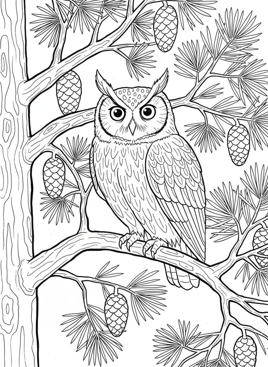 A long-eared owl with prominent ear tufts perched in a pine tree, with pinecones hanging from branches