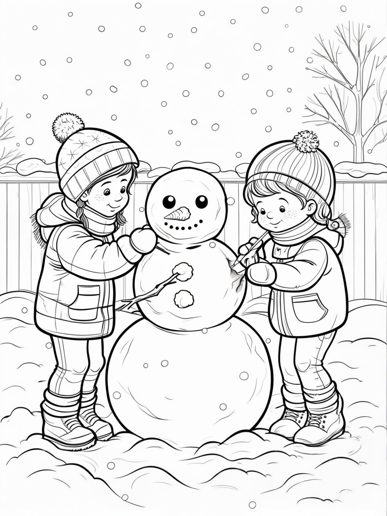 Kids Building a Snowman: Two bundled-up children (one with a carrot nose, one with a stick arm) are putting the finishing touches on a friendly snowman in a snowy backyard.