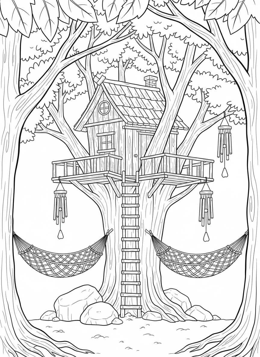 A treehouse built between three trees with hammocks stretched between branches and wind chimes hanging down