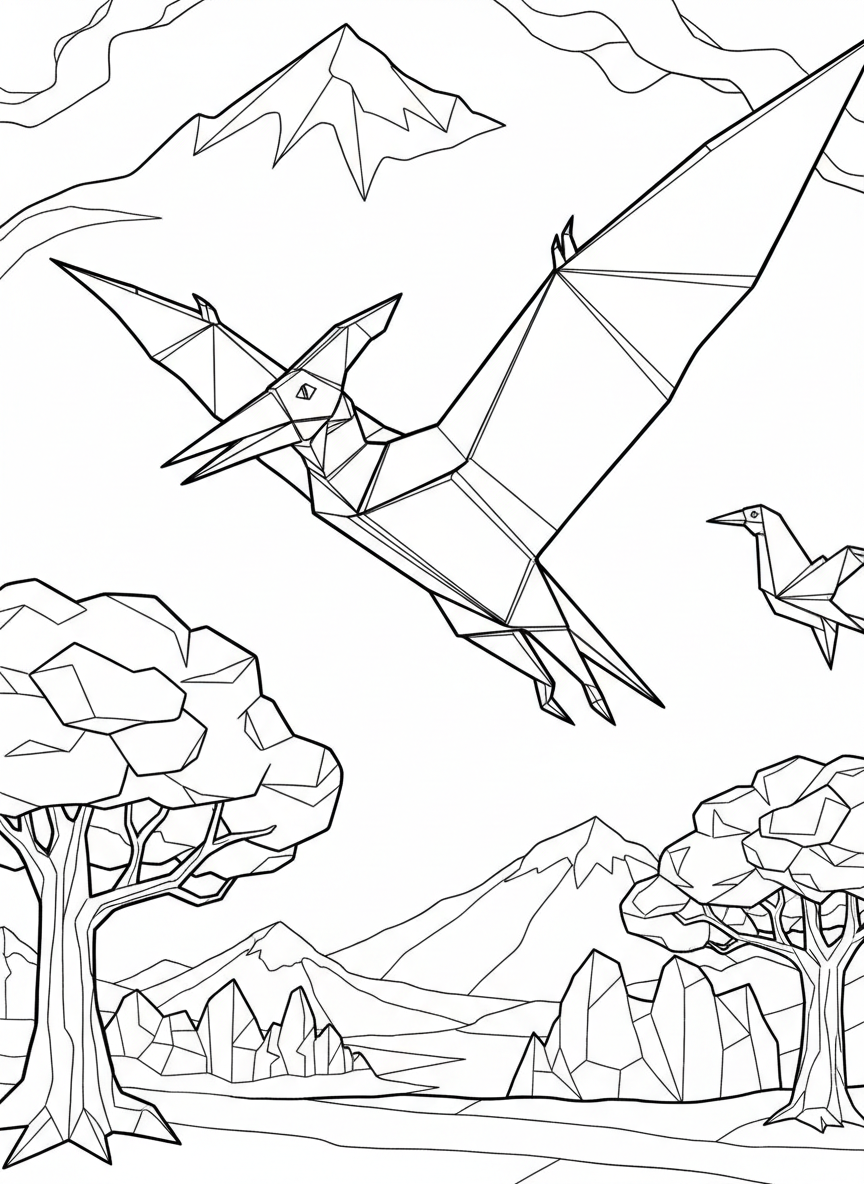 A flying origami Pteranodon with wide triangular wings spread out, showing paper fold creases and geometric body structure in mid-flight.