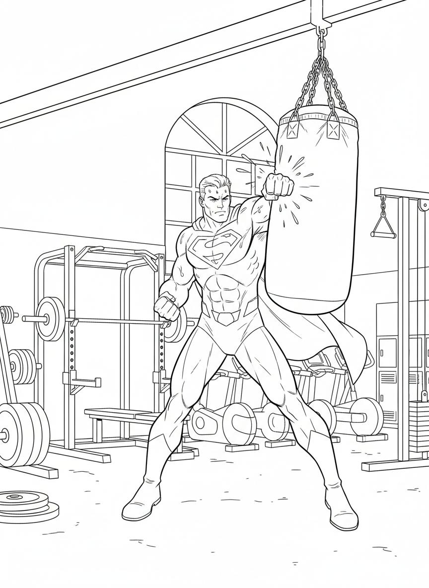 A superhero training in a gym, punching a heavy bag, sweat drops, exercise equipment in background