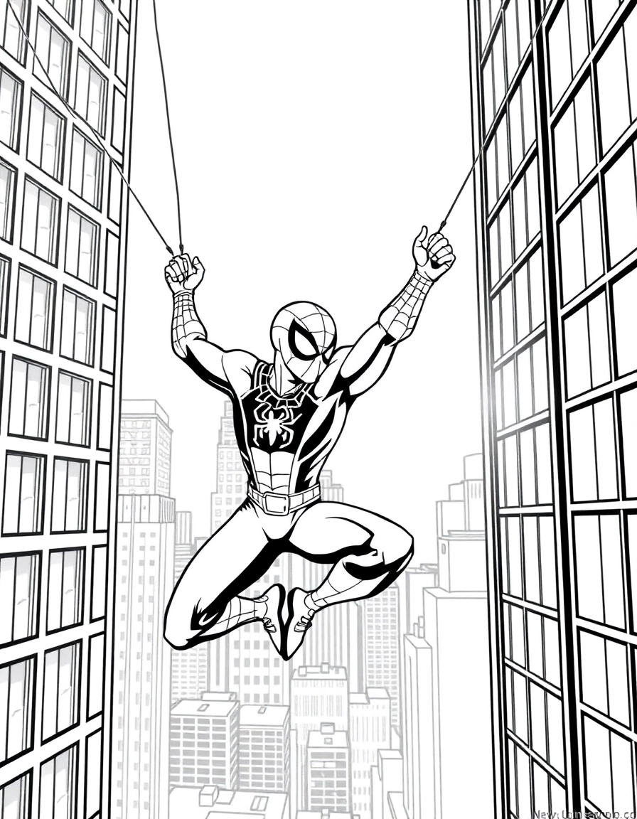 Spider-Man swinging lightly between skyscrapers, the urban skyline bathed in warm morning light