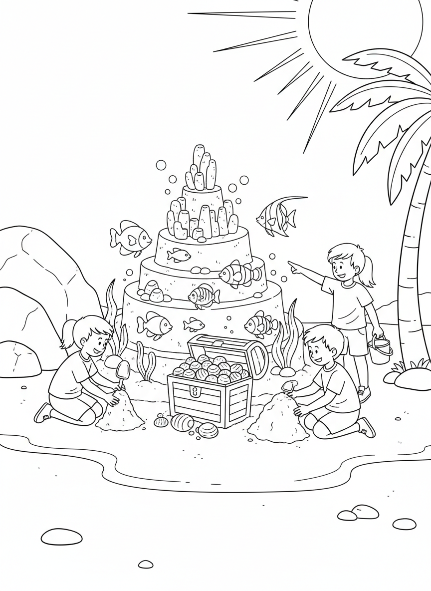 A group of kids creating an underwater-themed sand sculpture with fish, coral, and a treasure chest filled with shells.