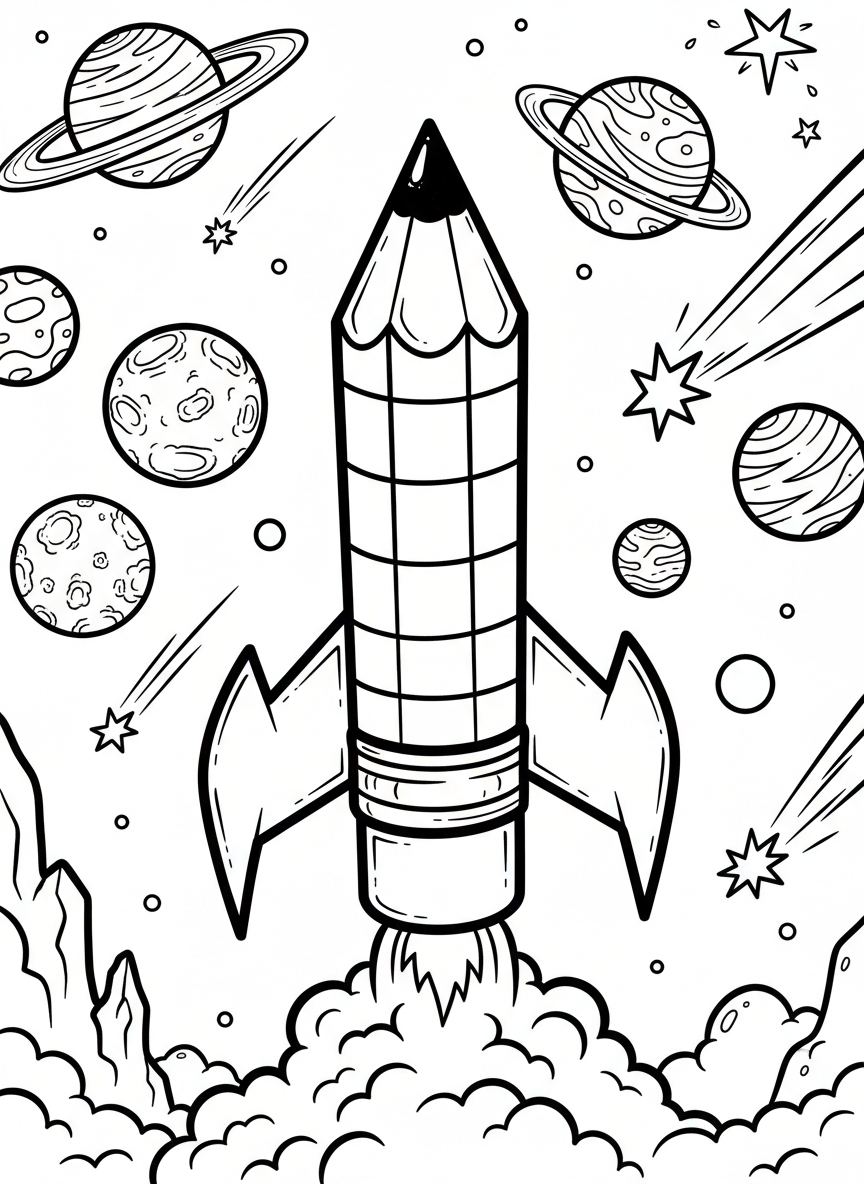 A whimsical rocket ship shaped like a pencil flying through a field of colorful planets and shooting stars.