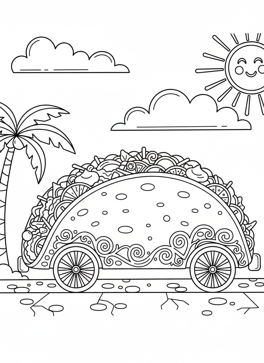 A taco truck shaped like a giant taco shell, with wheels and fun decorative patterns, parked under a sunny sky with clouds.
