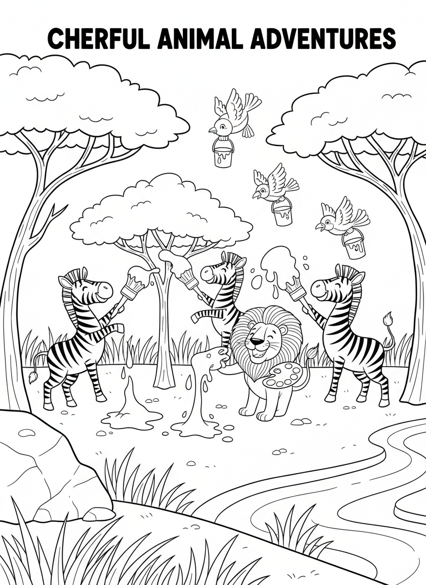 Cheerful animals coloring book cover, full-color whimsical illustration with cartoon zebras, lions, and birds in a savanna scene. Title-safe area at top.