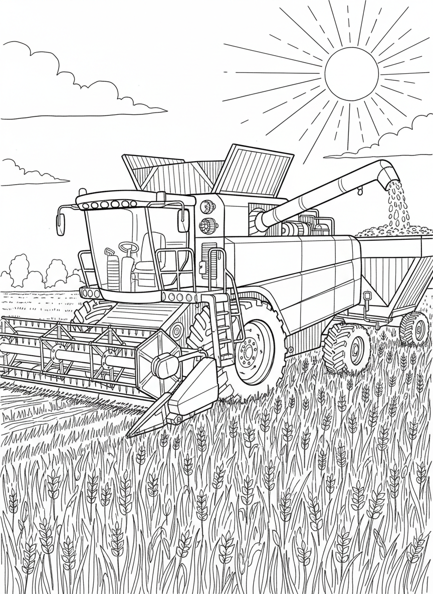 A combine harvester cutting through a golden wheat field under a bright sun, with grain pouring into its collection bin.