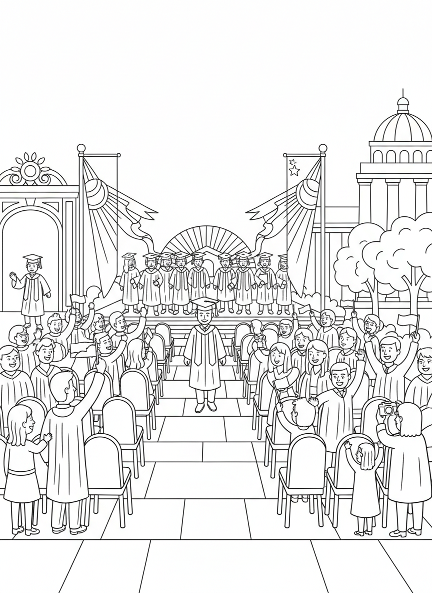 Graduation Day coloring page prompts celebrating achievement, ceremony, pride, and major life milestones.	A wide view of a graduation ceremony with rows of chairs, banners displayed, and families gathered proudly.
