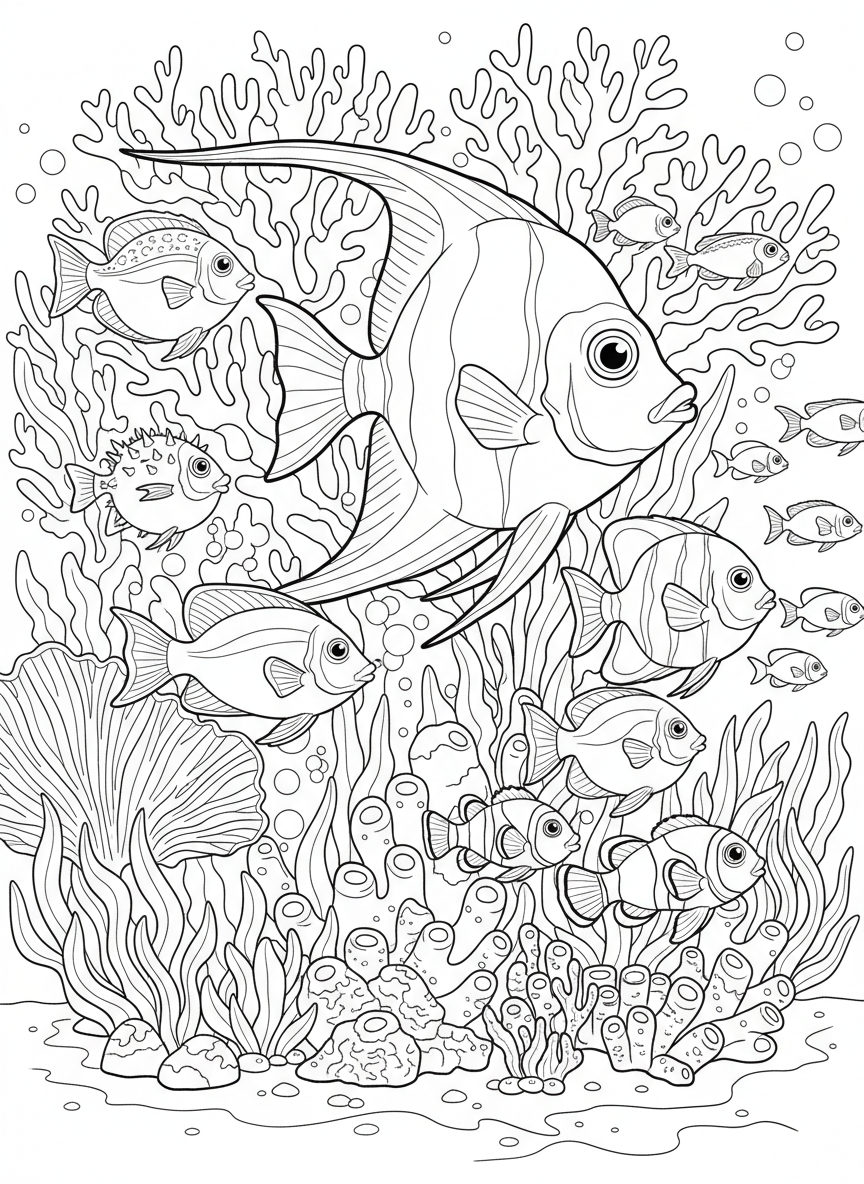 Colorful tropical fish swimming around coral and sea plants in Jacksonville's coastal waters, underwater scene