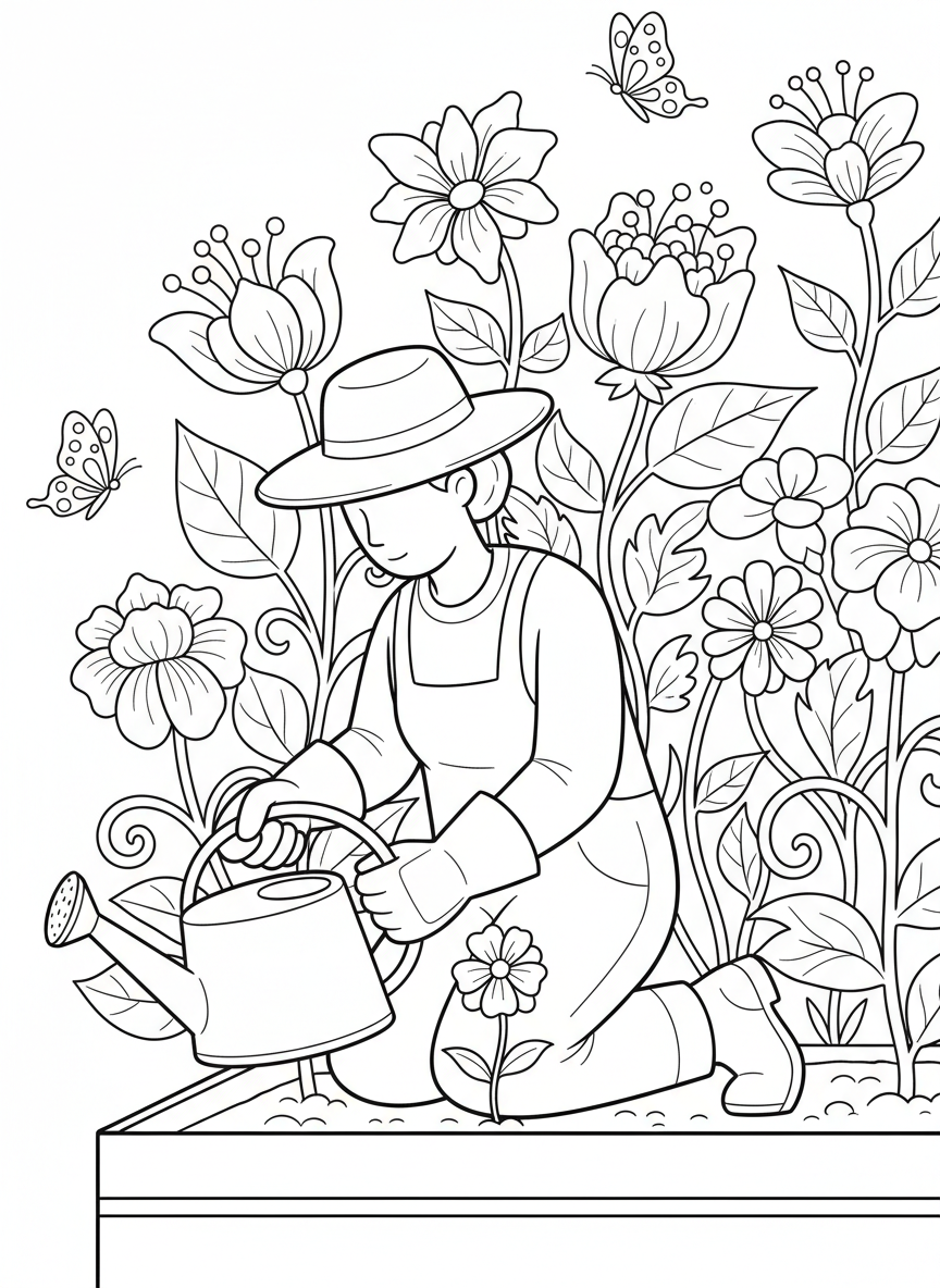 A gardener planting flowers in a garden bed, wearing gloves and holding a watering can, with butterflies and plants all around.