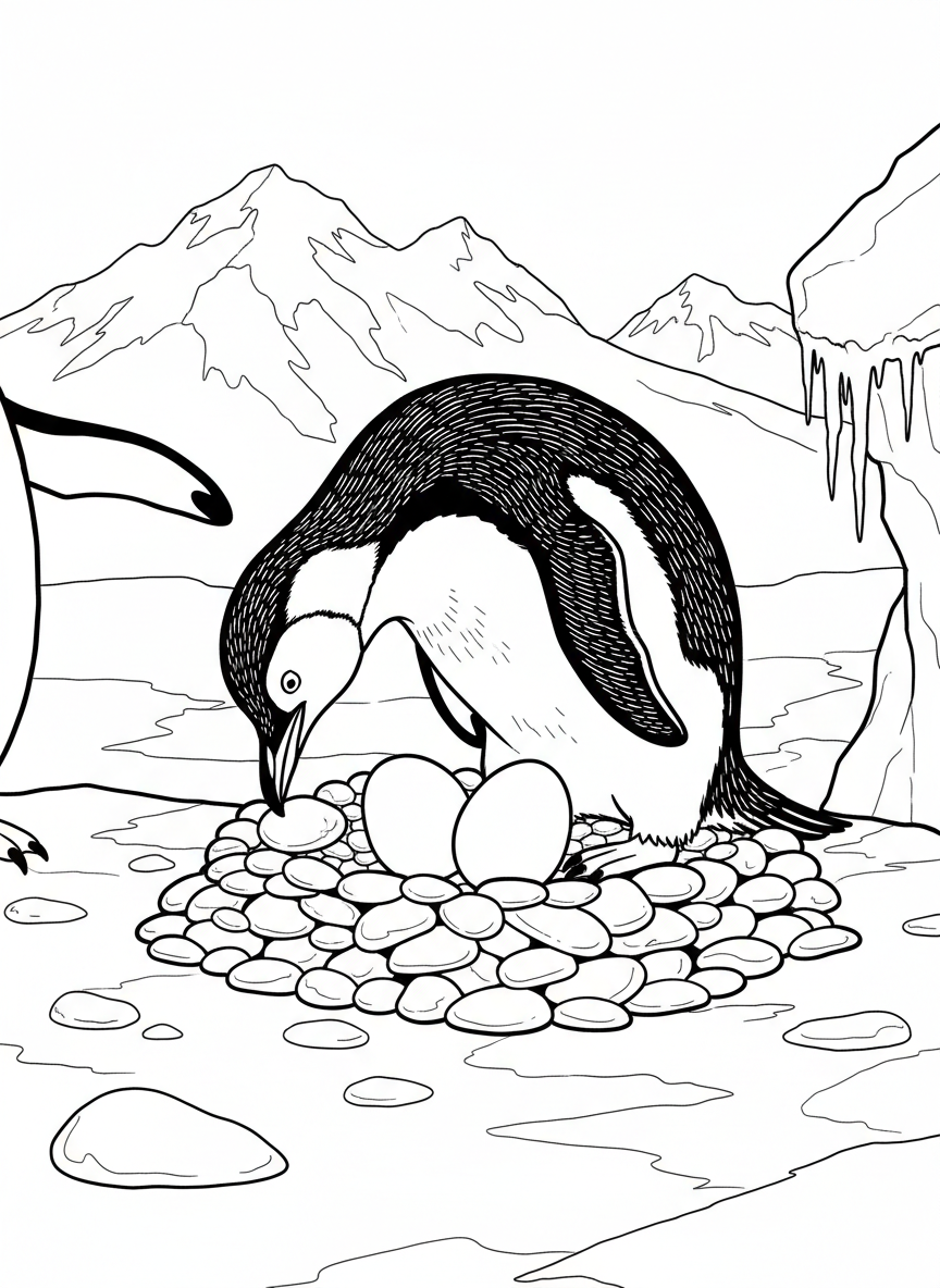 A penguin nest made of small pebbles with two eggs, and a parent penguin carefully arranging stones.
