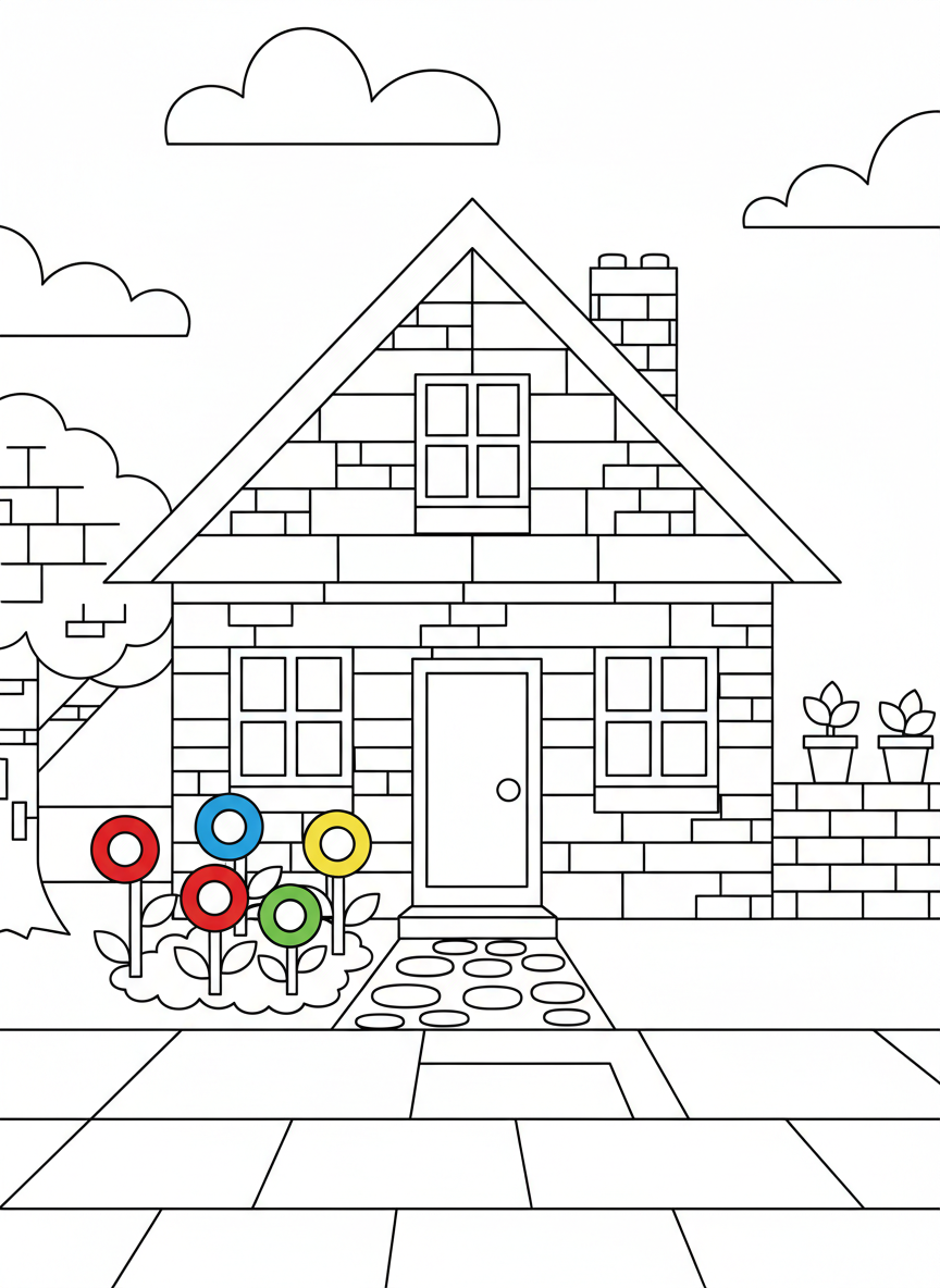 A toy brick house with a pitched roof, windows, door, and a small garden made of colorful brick flowers.
