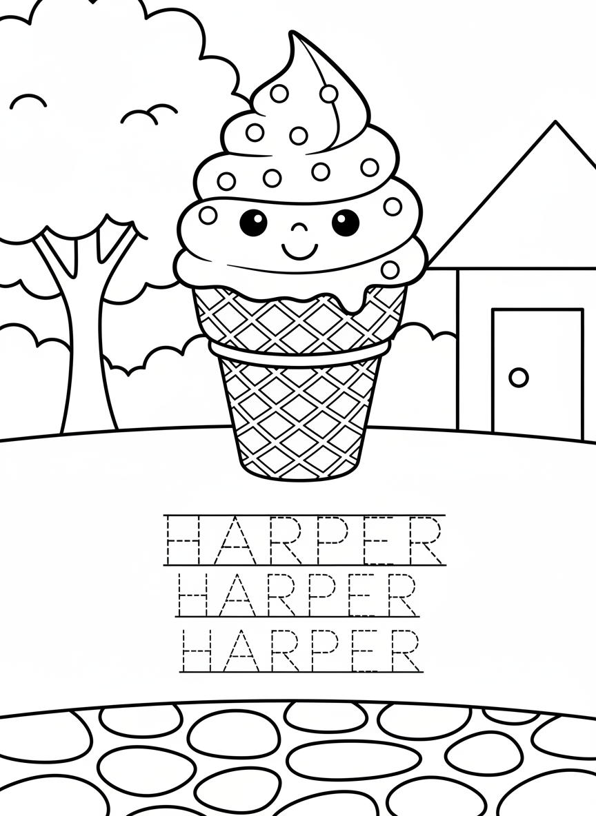 A cheerful ice cream cone with sprinkles above three handwriting rows showing 'HARPER' in dashed letters for tracing practice
