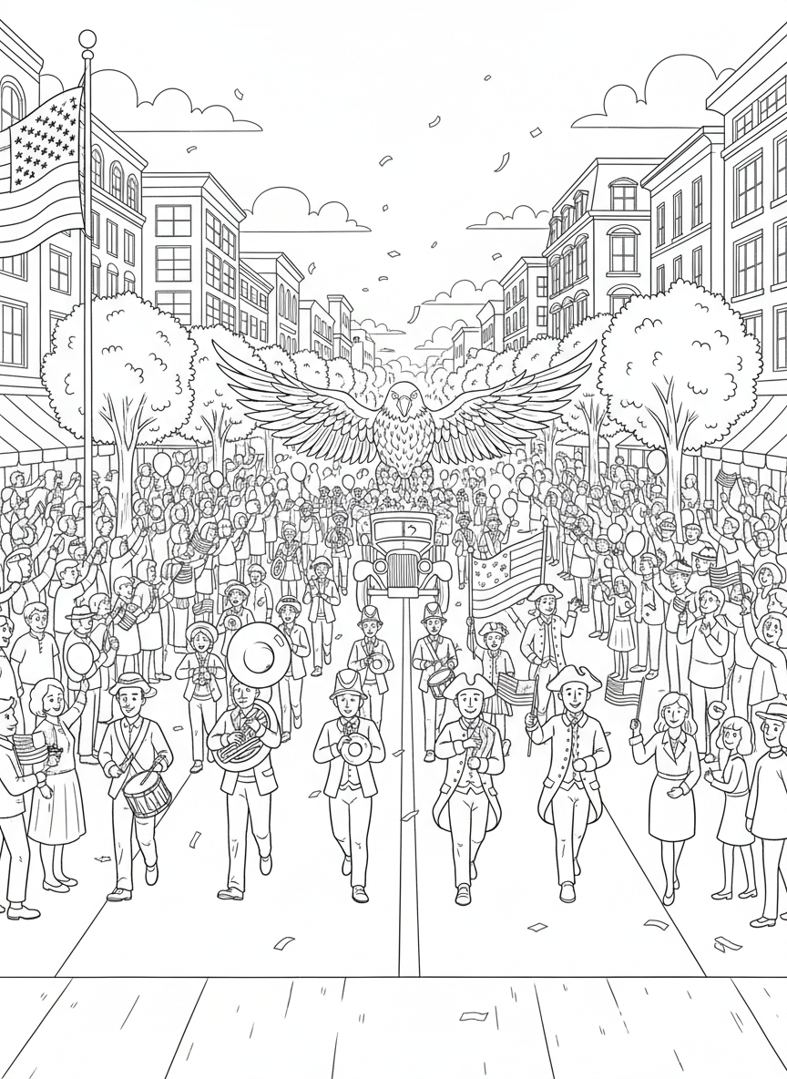 Independence Day Parade coloring page prompts capturing patriotic parades, music, and festive community pride.	A wide view of the parade stretching through town, crowds lining both sides of the street.