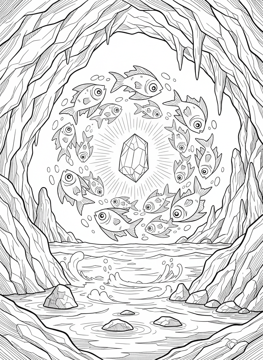 A school of tropical fish swimming in a circle around a glowing crystal formation inside a mysterious cave chamber