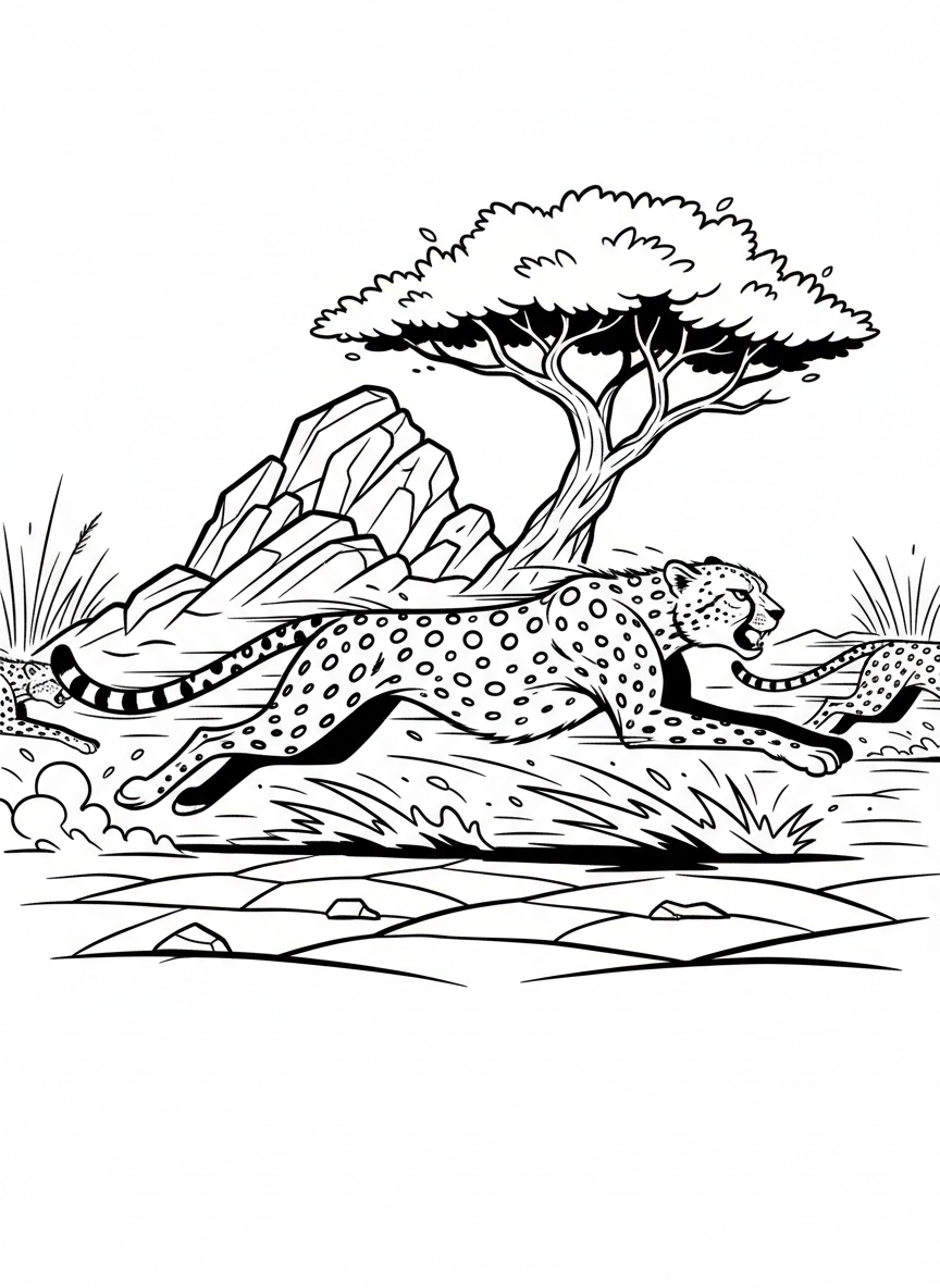 A cheetah in a running pose showing its speed and spotted coat, dynamic action scene