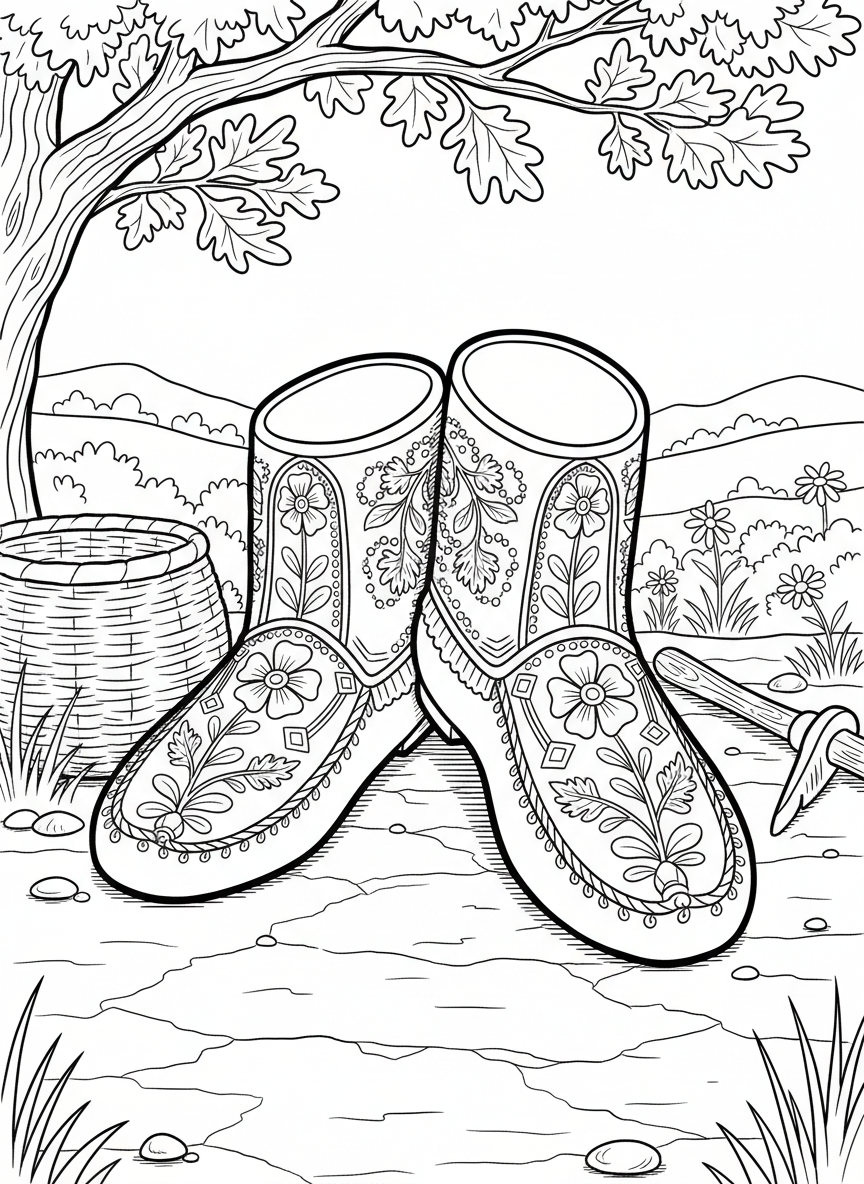Traditional moccasins decorated with beadwork patterns of flowers and geometric shapes, detailed enough for older children, clear line art