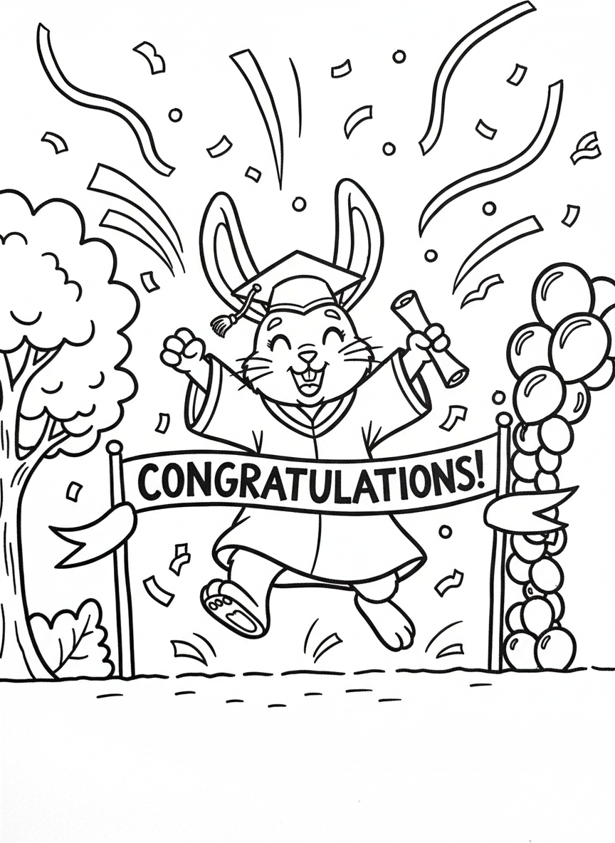 A graduate rabbit jumping joyfully through a finish line banner that says congratulations, with streamers and confetti.
