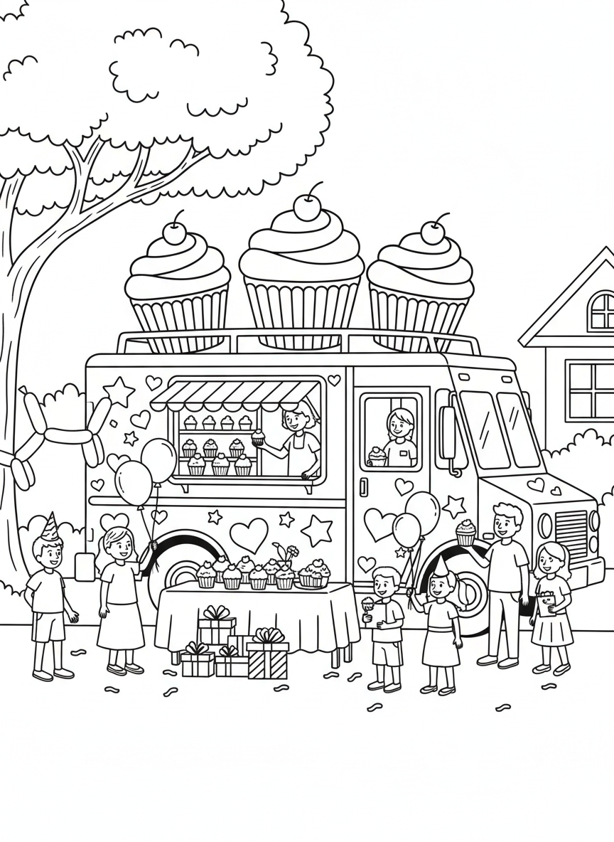 An elaborate cupcake truck with giant cupcake decorations on the roof, hearts and stars painted on the sides, parked at a birthday party