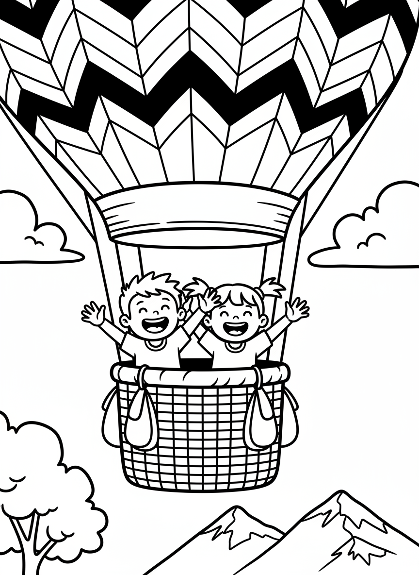A close-up view of a hot air balloon basket with two happy children waving, the balloon above decorated with zigzag patterns.