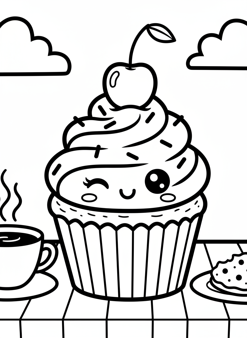 A kawaii cupcake with swirled frosting, a cherry on top, and sprinkles, showing a winking expression and rosy cheeks