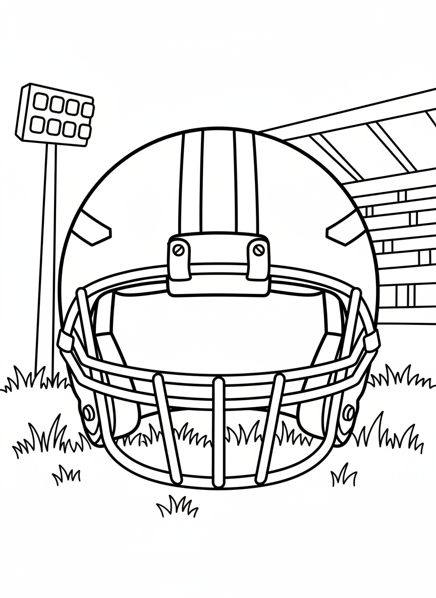 A football helmet with face mask and team stripes, shown from the front view, simple and bold lines suitable for young children