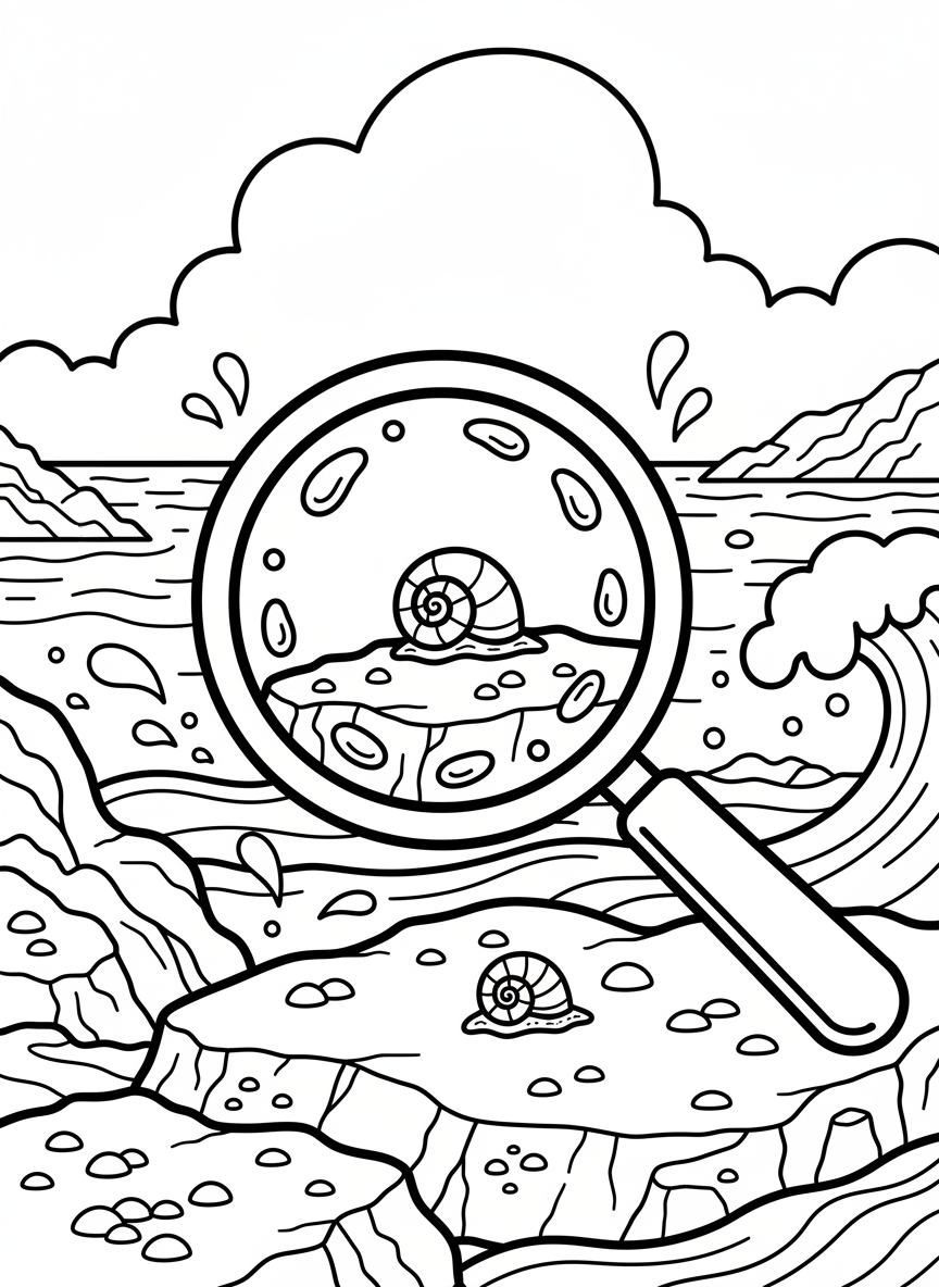 Close-up of a magnifying glass enlarging the view of a tiny sea snail on a rock, with water droplets on the lens.