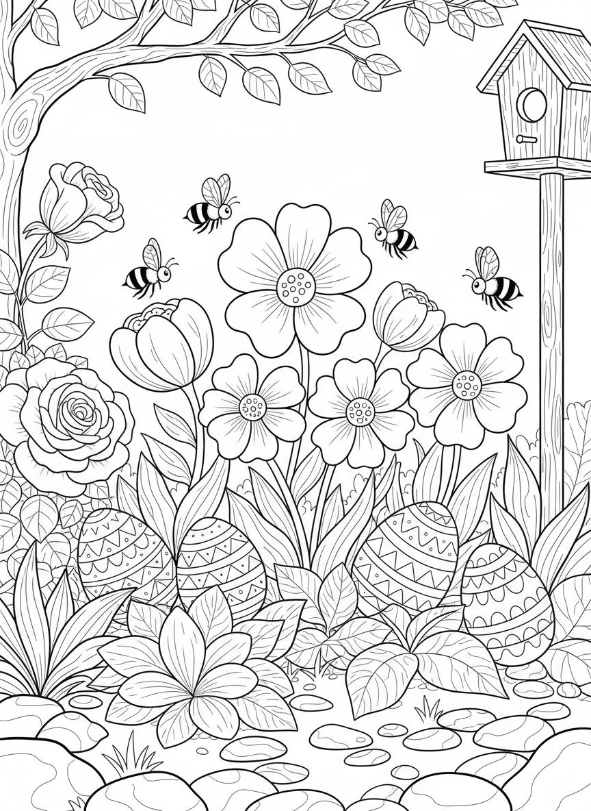 A spring garden scene with butterflies, bees, blooming flowers, a bird house, and hidden Easter eggs among the plants