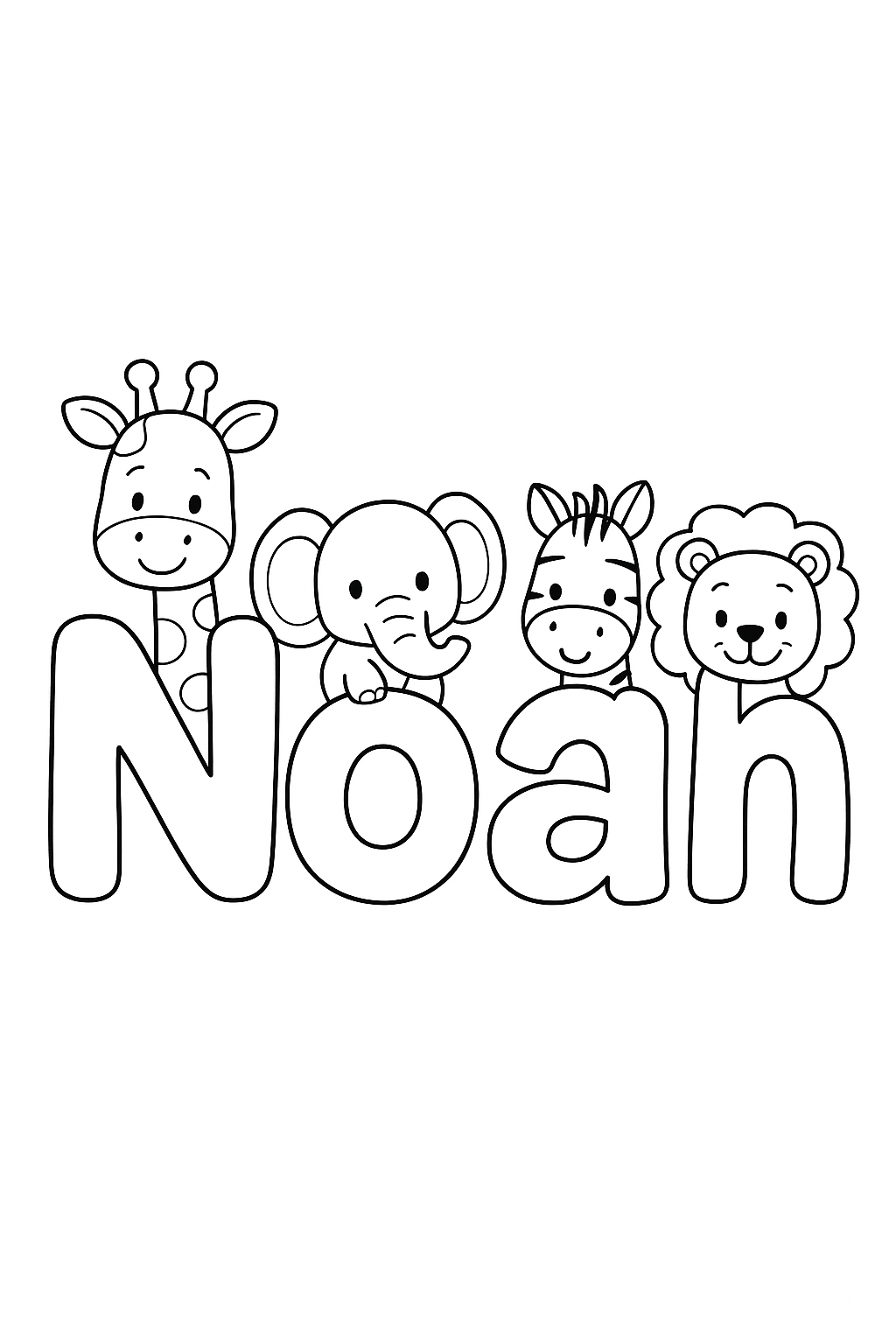The name “Noah” in bubble letters with cartoon animals peeking out of each letter. make the name all on one line. Capitalize only the first letter, only the N should be capitalized