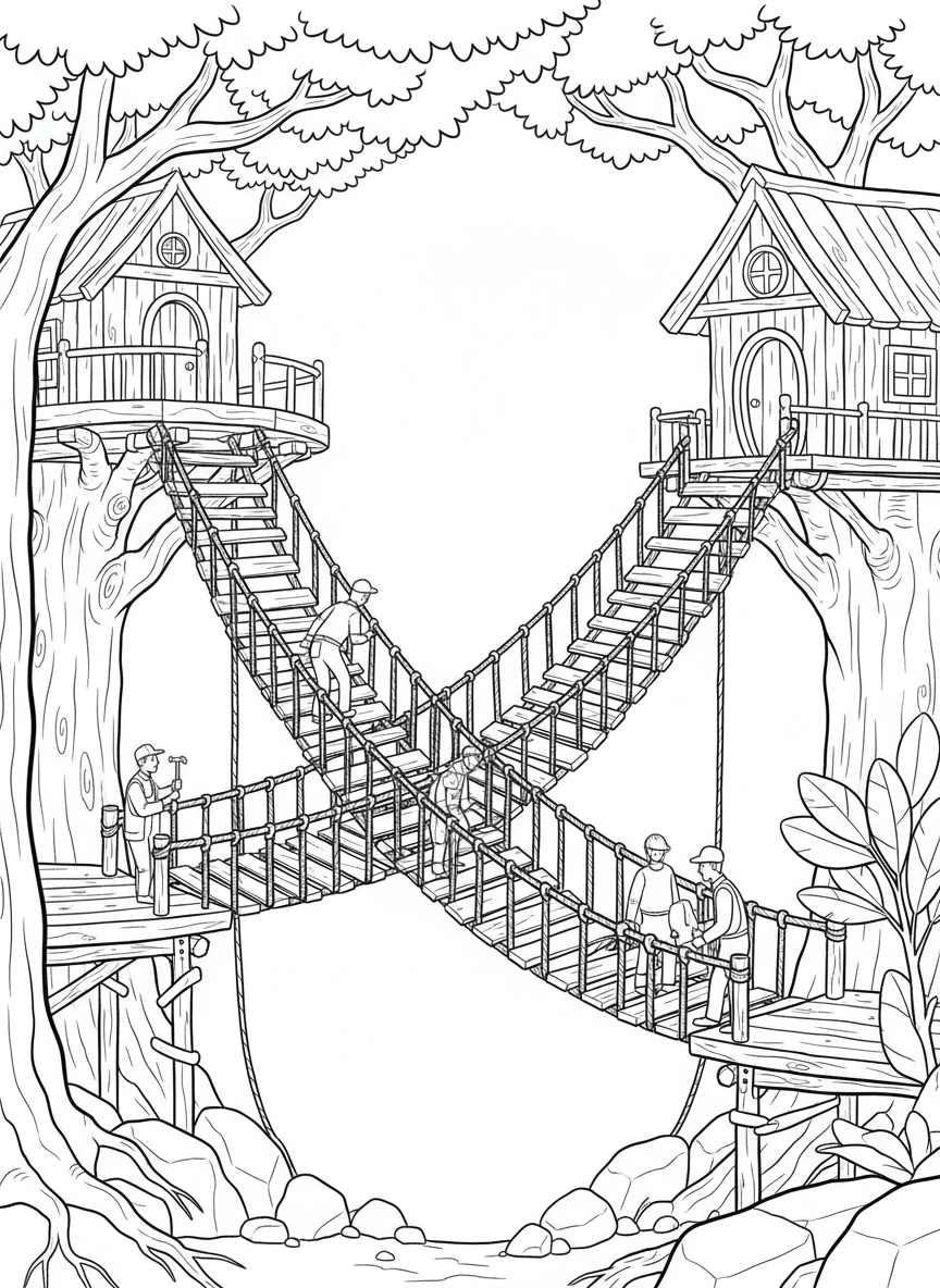 A rope bridge connecting two treehouses with safety rails, showing suspended walkway construction.