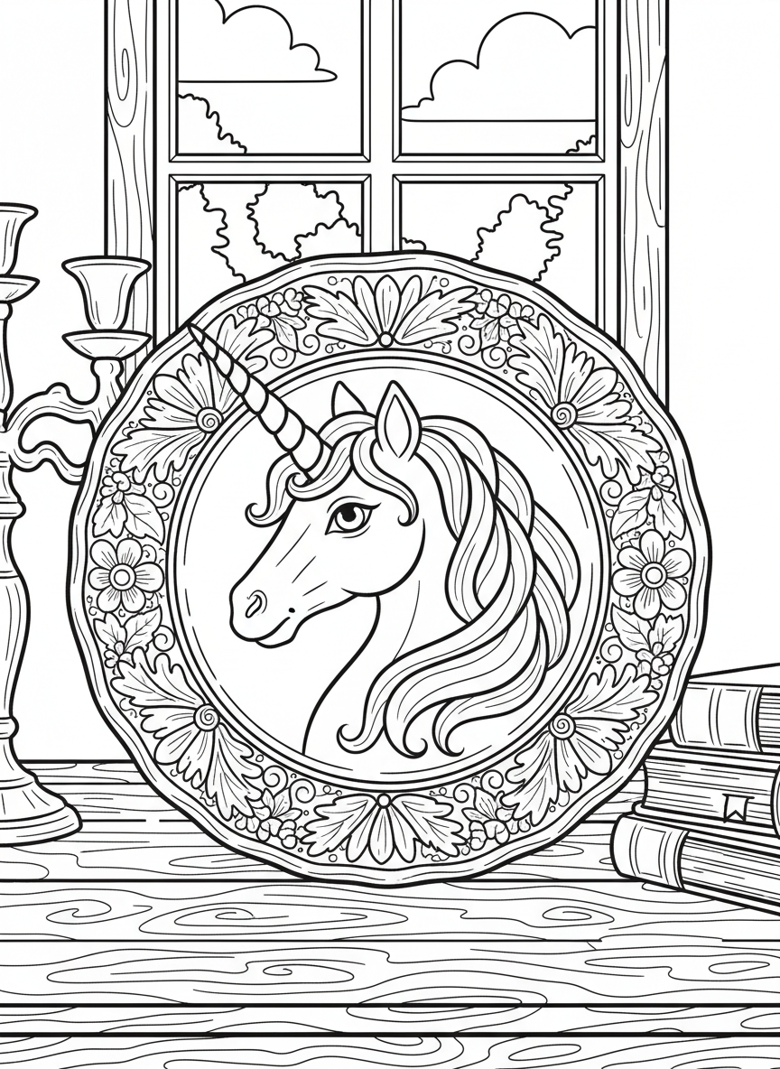 A decorative unicorn plate with the unicorn's head in the center, surrounded by ornate border patterns