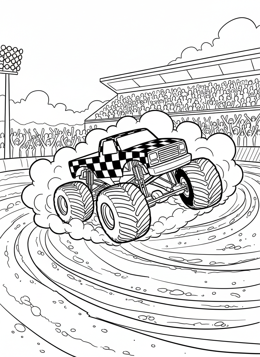 Monster truck with checkered flag pattern performing a donut spin, leaving tire tracks in the dirt