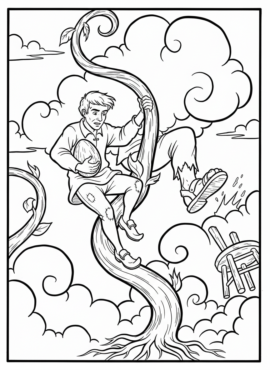 Jack climbing down the beanstalk carrying a golden egg with clouds in the background, action scene line art