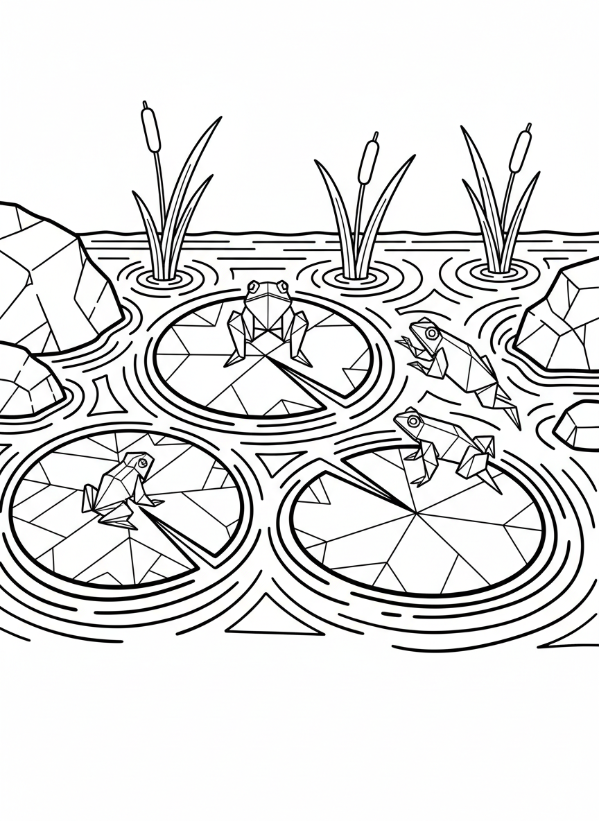 A group of three origami lily pads with geometric petal patterns, each holding a different small origami frog