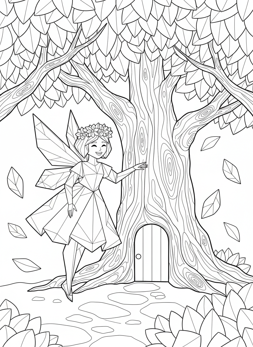 A smiling origami fairy standing in front of a tiny door built into a tree trunk, with paper-folded leaves scattered around