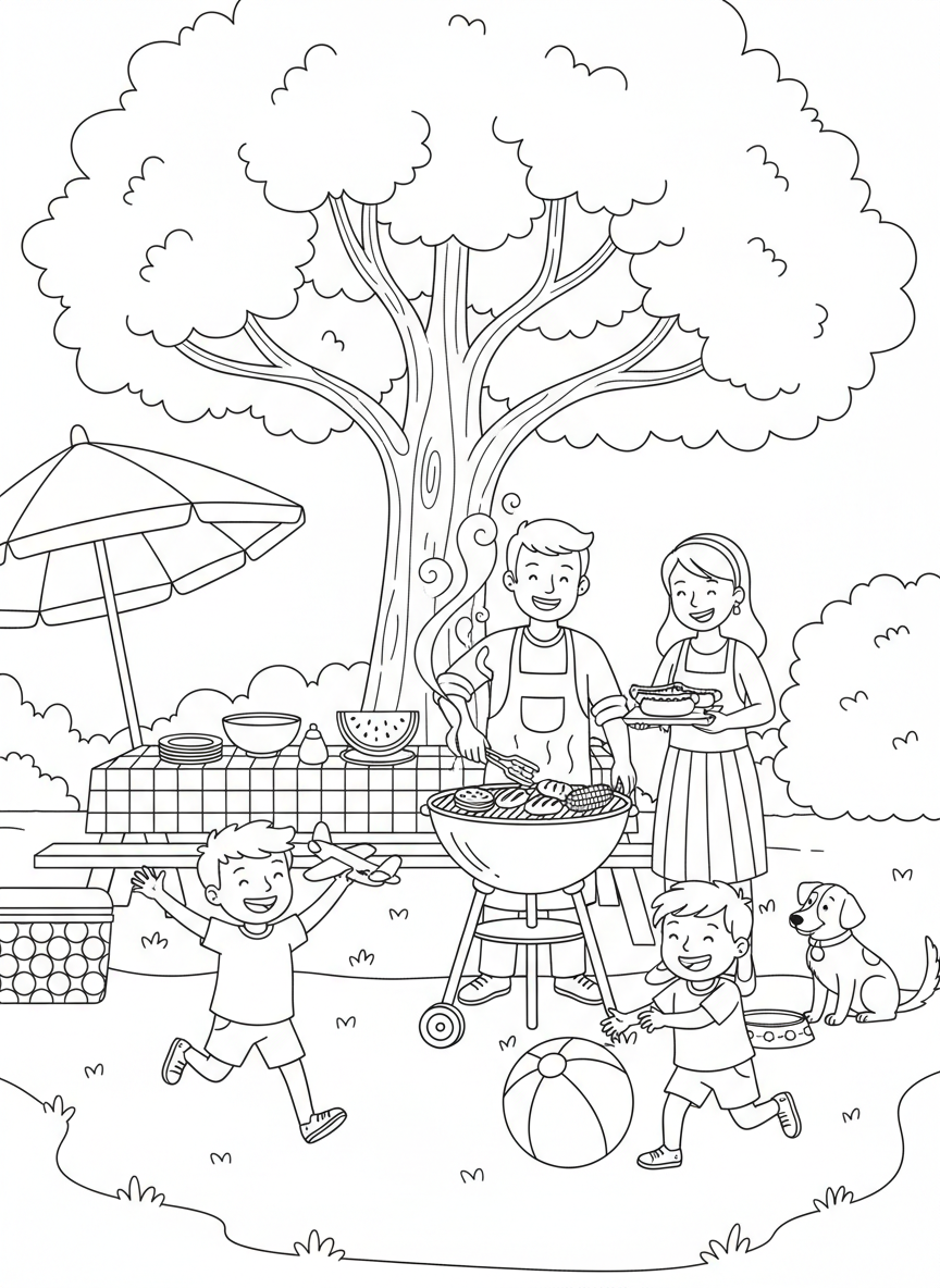Memorial Day BBQ coloring page prompts highlighting backyard gatherings, grilling traditions, and the start of summer.	Children playing in the yard while adults prepare plates and carry food from the grill.