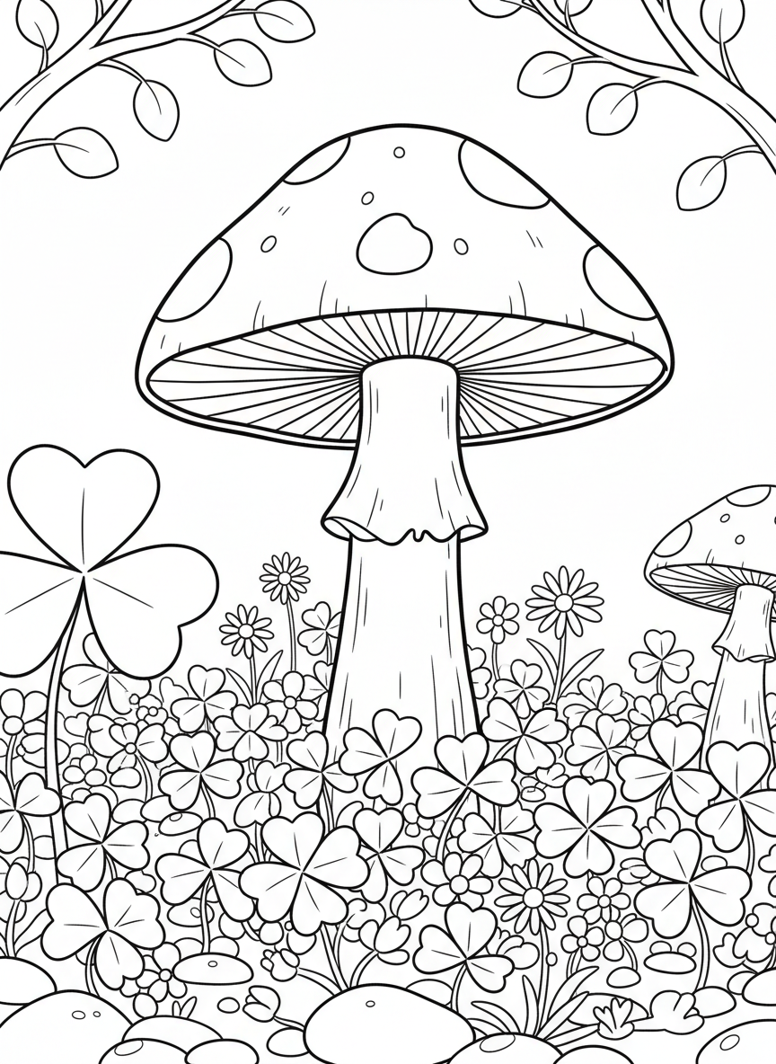 A toadstool growing through a carpet of clover and small wildflowers, close-up garden perspective.