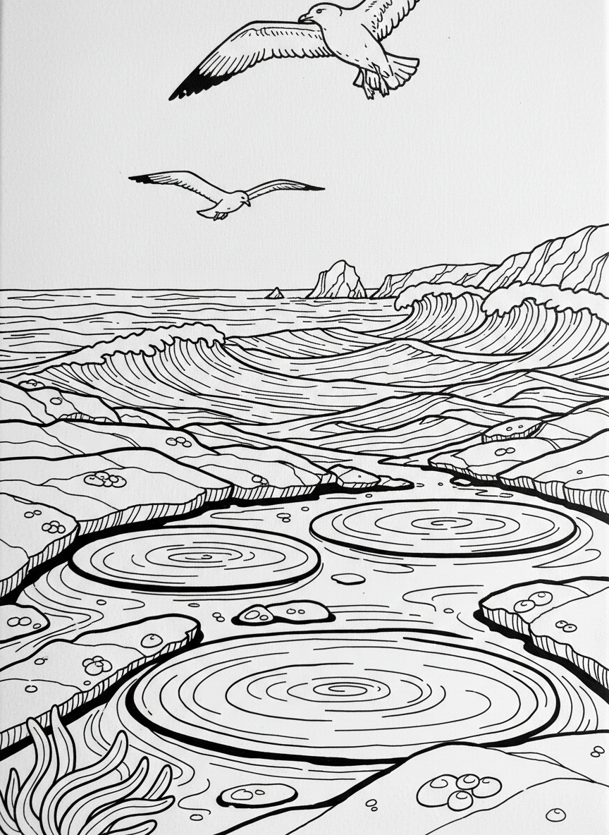 A tide pool landscape at low tide showing exposed rocks, puddles of water, seagulls in the sky, and distant ocean waves.