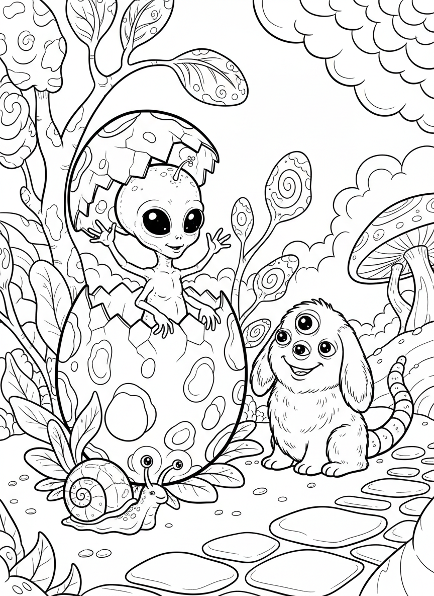 A baby alien hatching from a spotted egg on an alien landscape with unusual plants and friendly creatures nearby