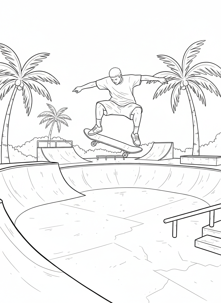 A skateboard park scene with ramps and rails, palm trees visible, and a skateboarder doing a trick