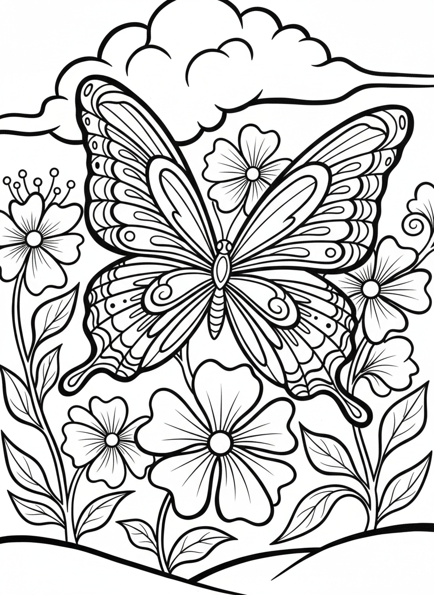 A beautiful butterfly with intricate wing patterns flying above blooming flowers, symbolizing freedom and transformation
