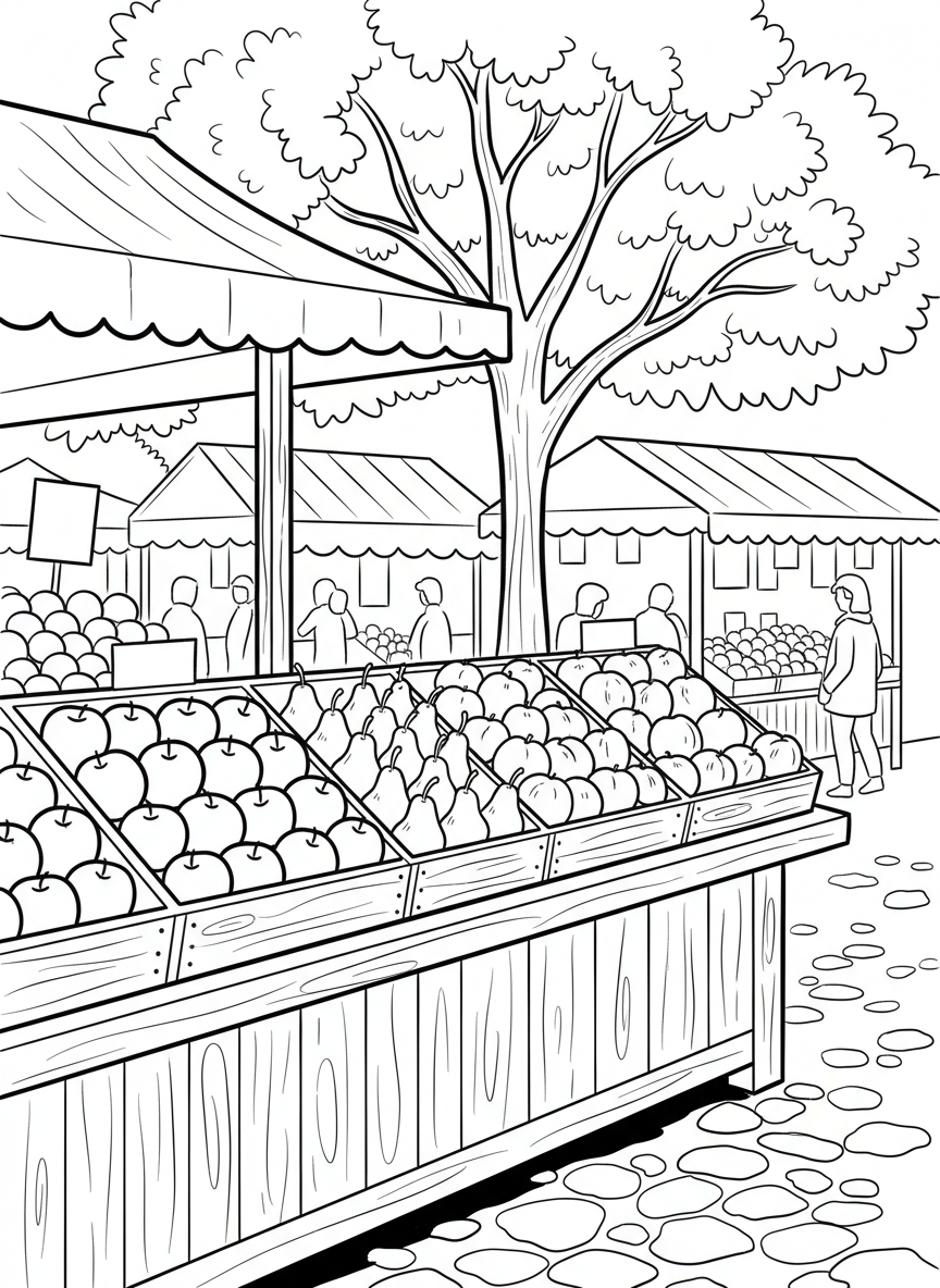 A fruit stand display with stacked apples, pears, and peaches in crates, market scene background