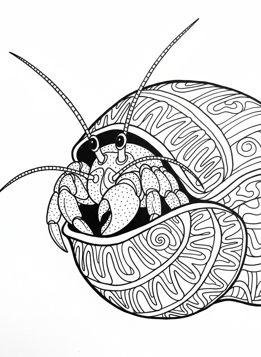 A close-up of a hermit crab's face with long antennae and curious eyes peeking from an ornate spiral shell.