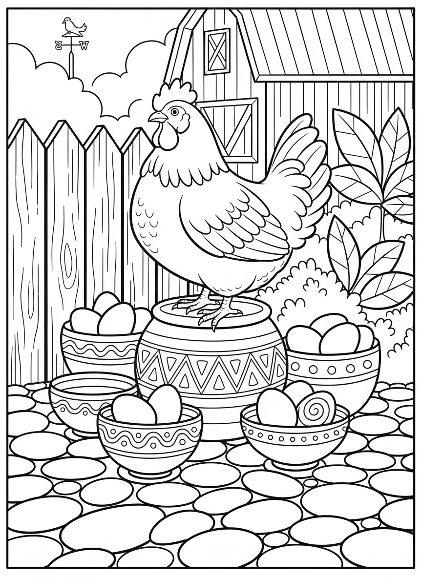 A chicken standing proudly on a pottery stool surrounded by ceramic eggs in decorative bowls, farmyard charm