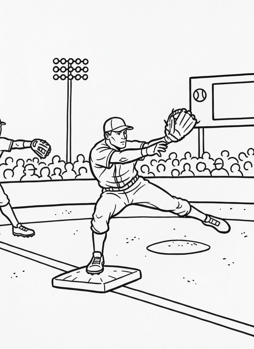 A young first baseman stretching to catch a throw while keeping one foot on the base during a play.