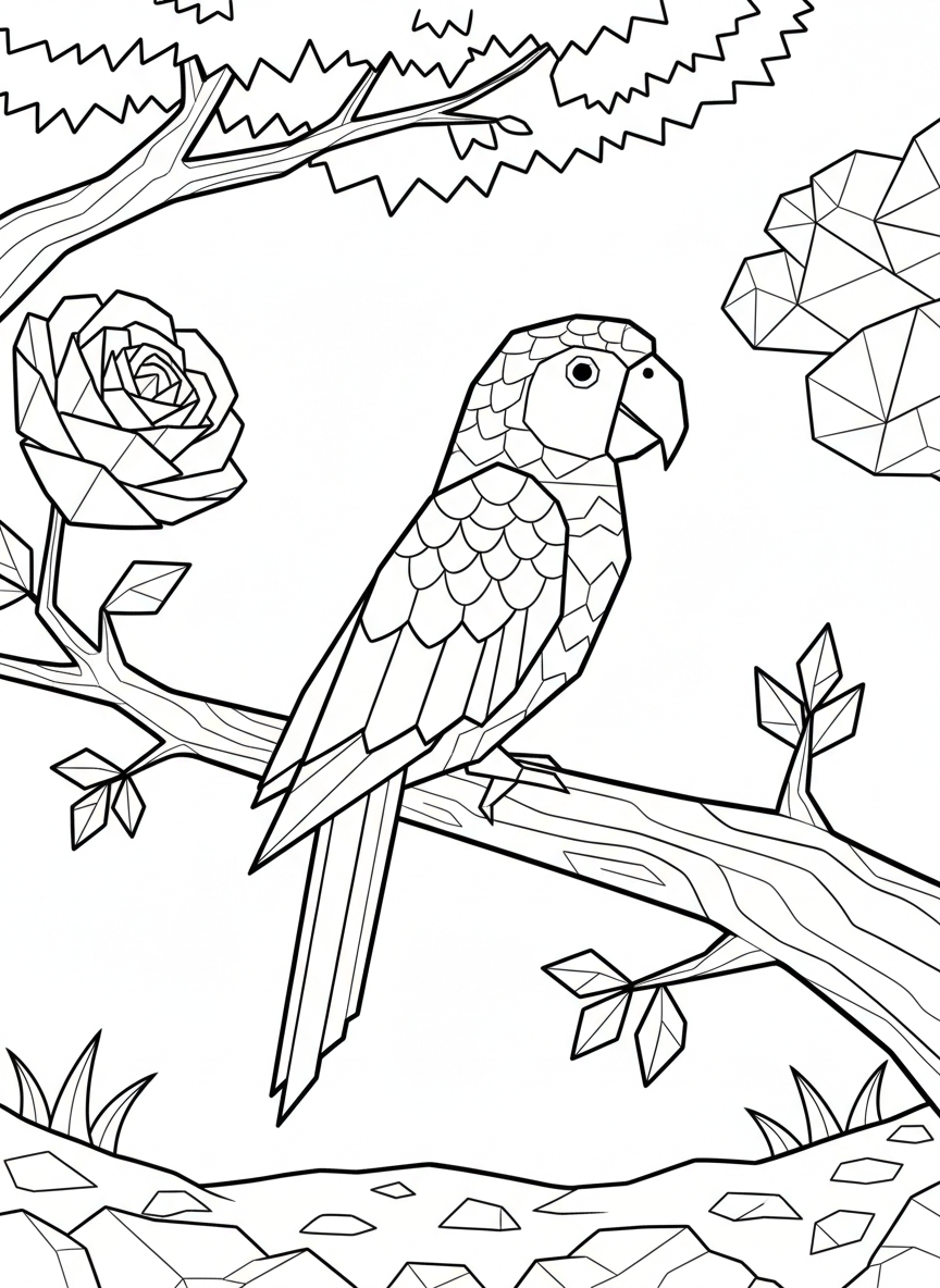 A colorful origami parrot perched on a branch, showing distinct paper fold lines and geometric wing patterns, side view with detailed feather sections.
