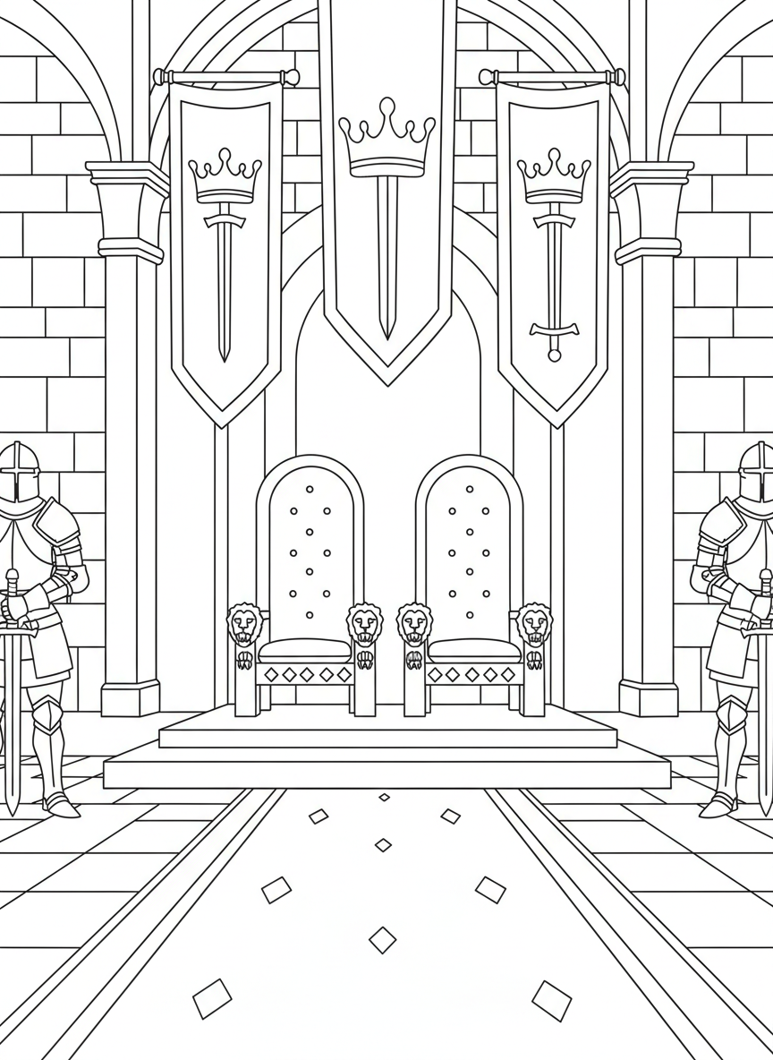 A castle throne room with two thrones, red carpet, suits of armor standing guard, and large banners hanging from the ceiling.