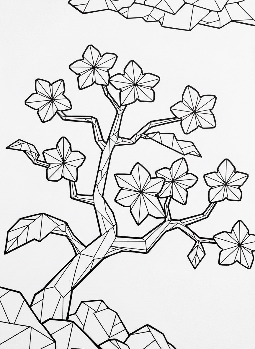 An origami cherry blossom branch with multiple five-petaled flowers, angular branches, and geometric fold marks throughout, black and white line art.